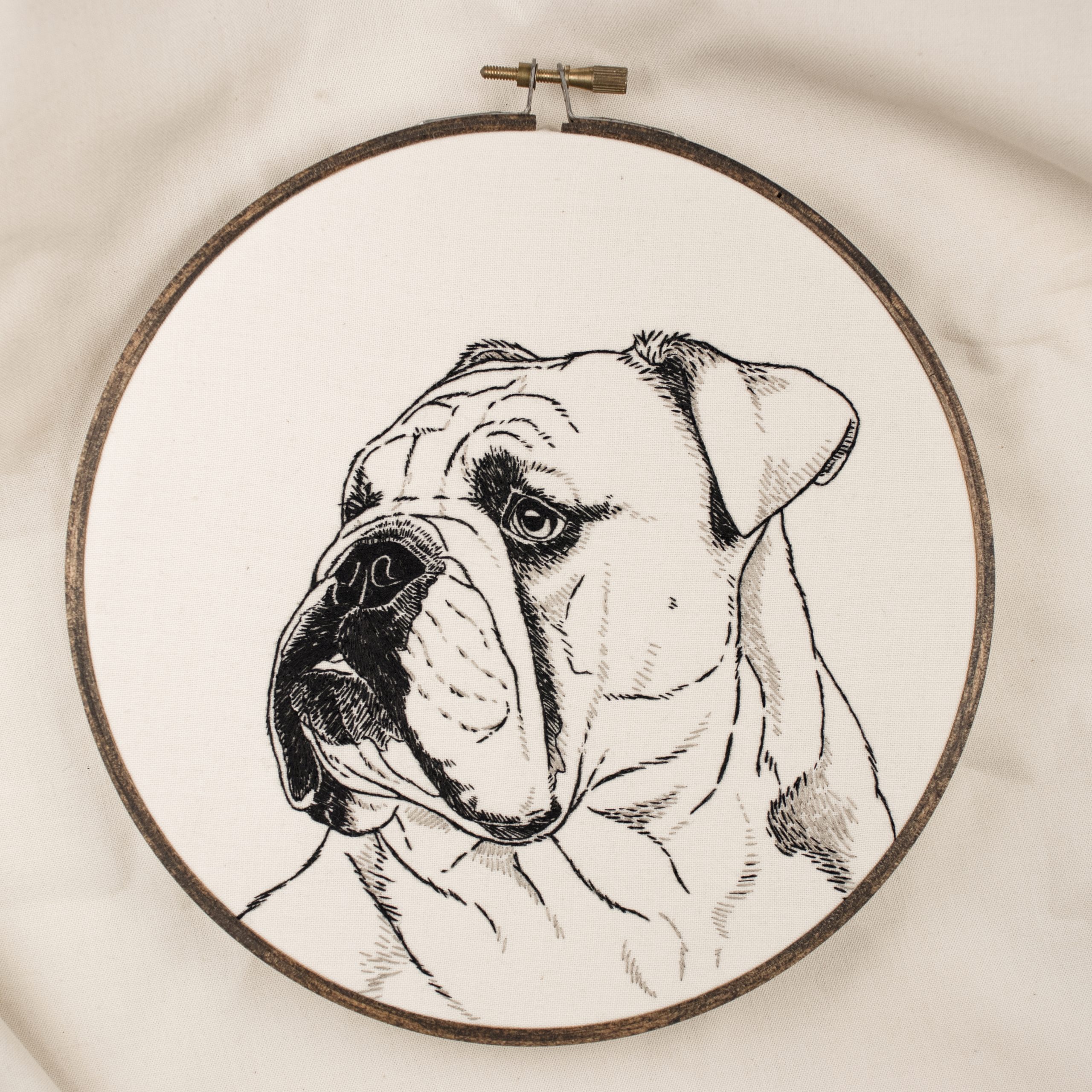 ENGLISH BULLDOG: Black Outline Dog Embroidery - Hand Stitched Minimal Pet Portrait Hoop